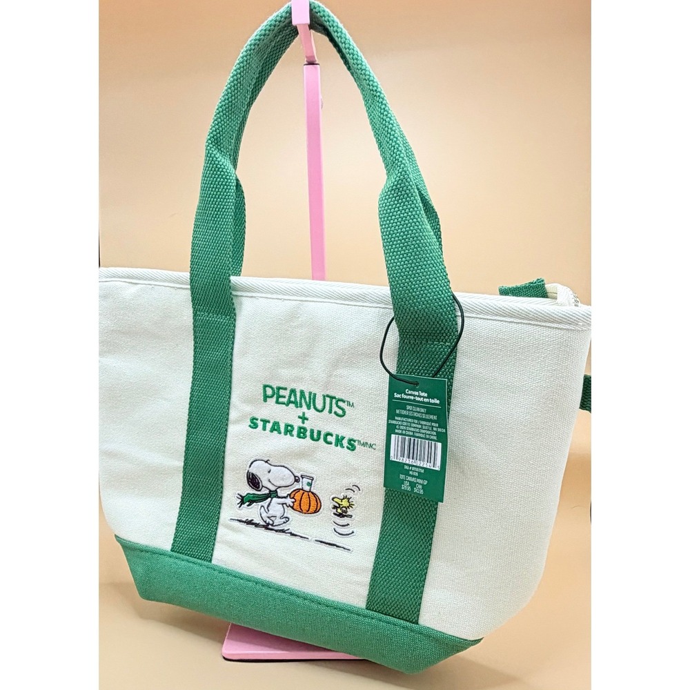 Starbucks Peanuts Snoopy Woodstock Canvas Mini Tote Bag Green White 011187250